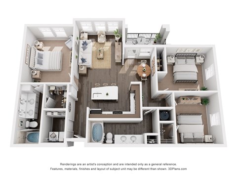 Floor plan for 3 beds, 2 baths, 1305 sqft